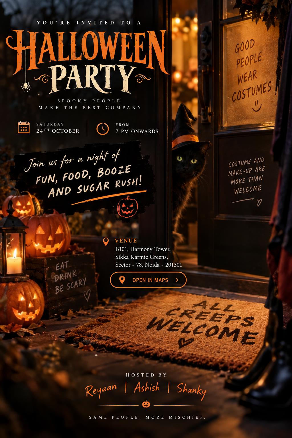 Halloween party invitation hosted by Reyaan, Ashish and Shanky